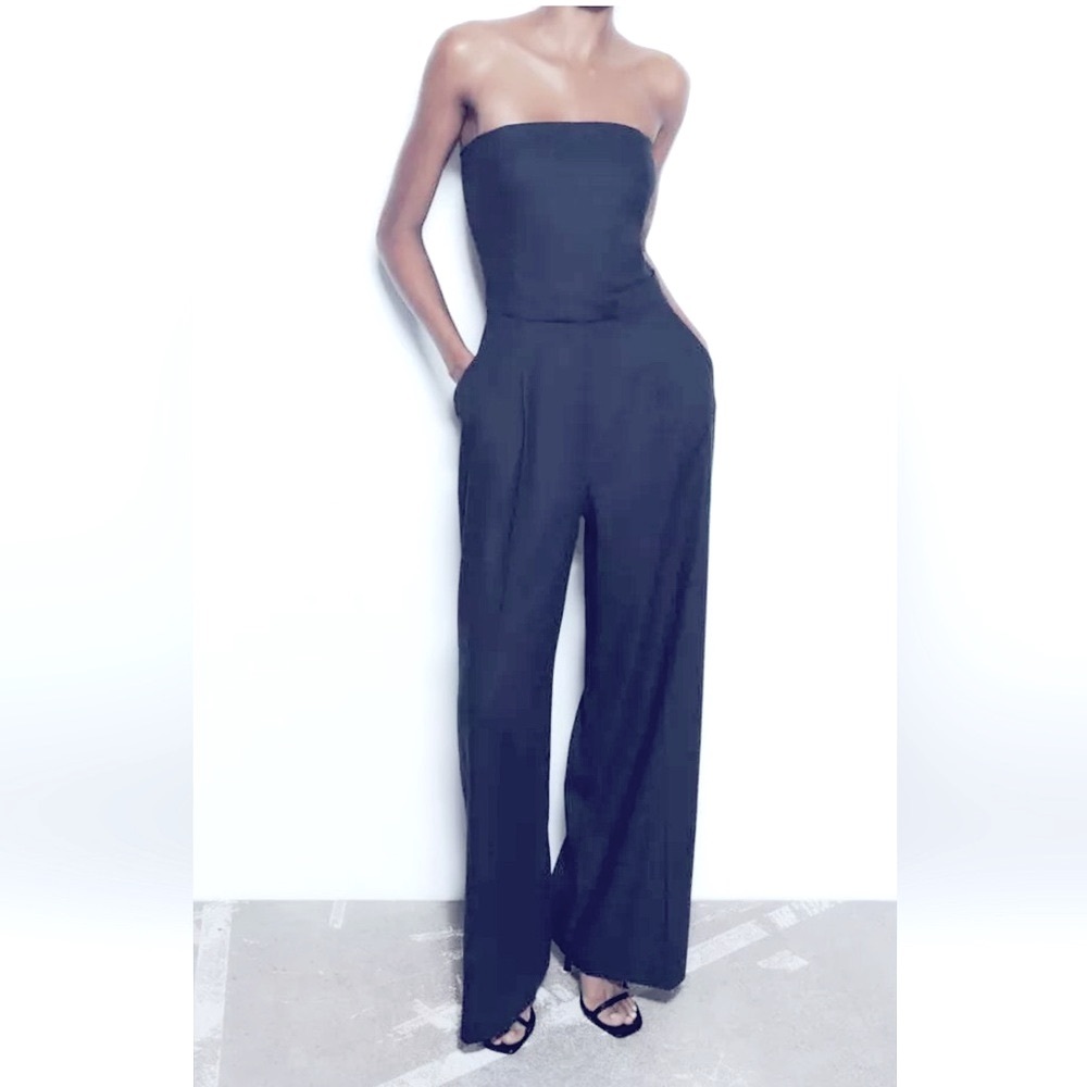 Zara Strapless Linen Blend Jumpsuit Straight Neck Wide Leg Navy 
Size‎ Large - Picture 7 of 8